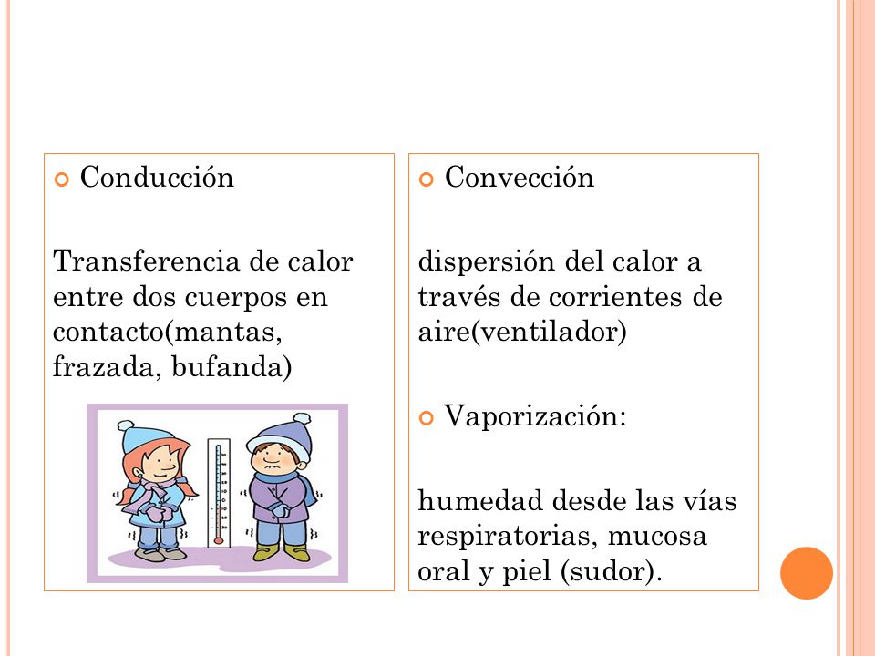 Conducción Transferencia de calor entre dos cuerpos en contacto(mantas, frazada, bufanda) Convección.