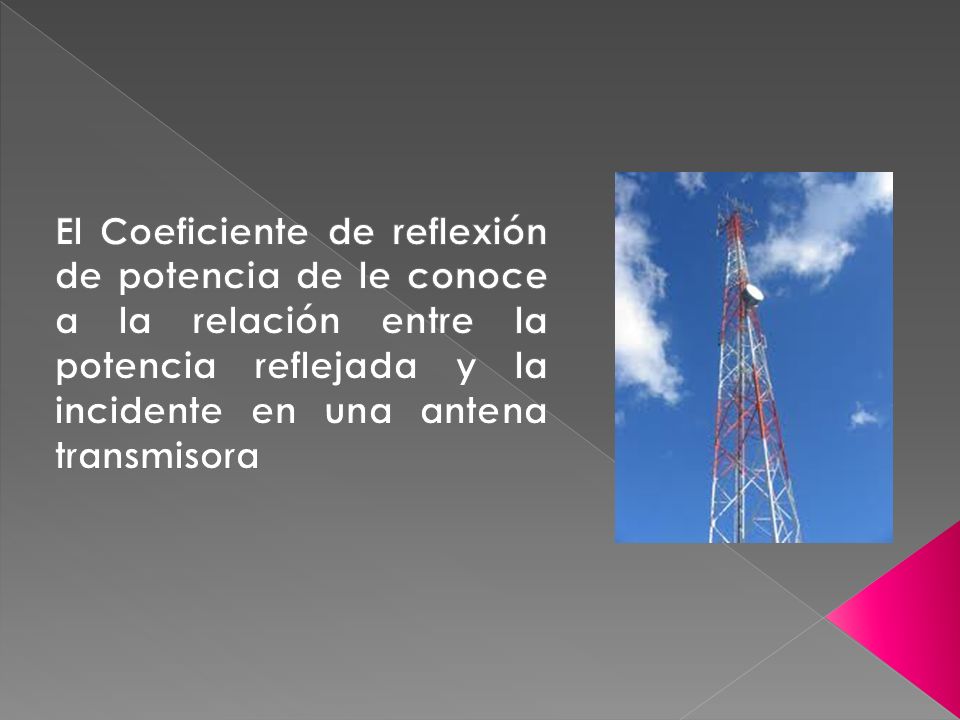 El Coeficiente de reflexión de potencia de le conoce a la relación entre la potencia reflejada y la incidente en una antena transmisora