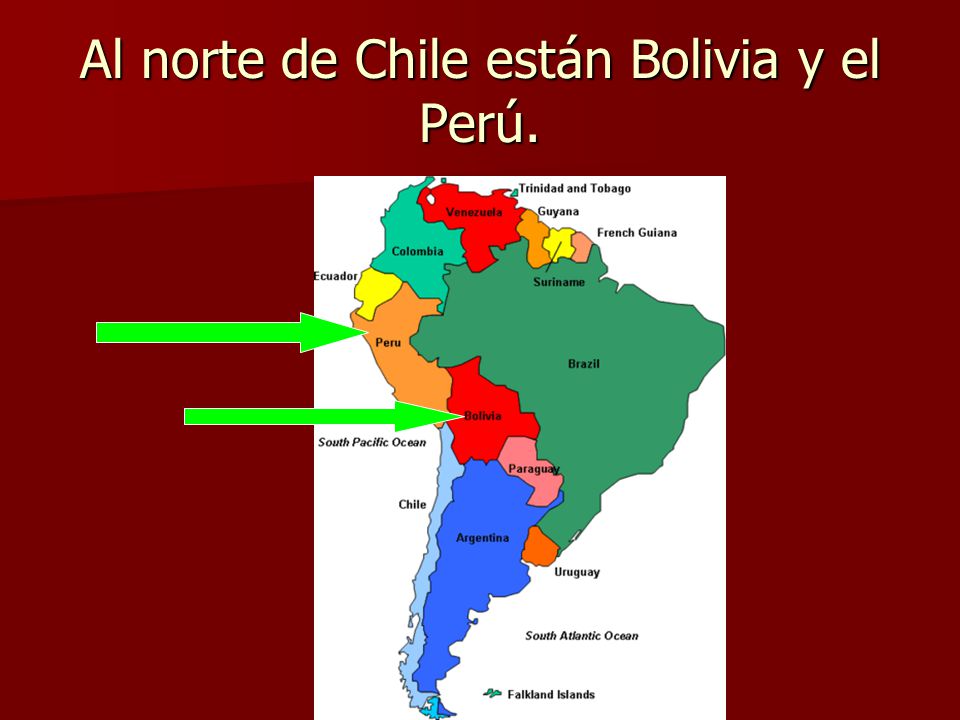 Al norte de Chile están Bolivia y el Perú.
