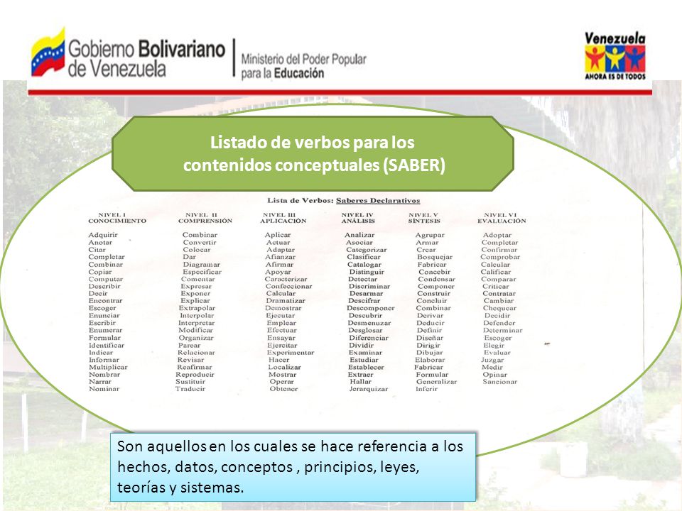 Listado de verbos para los contenidos conceptuales (SABER)