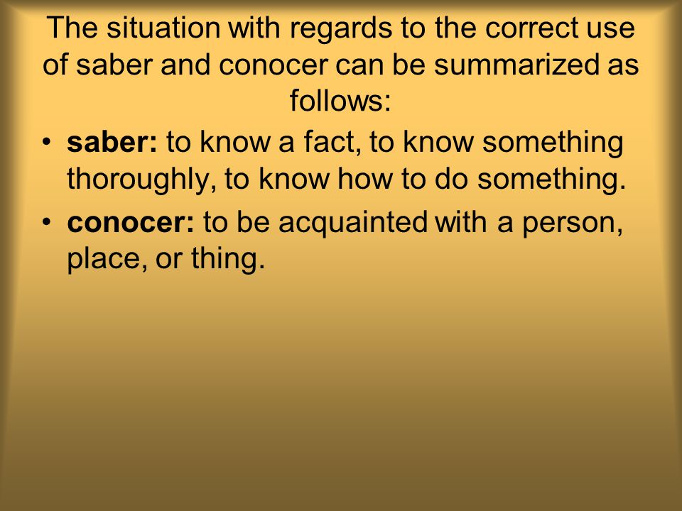 The situation with regards to the correct use of saber and conocer can be summarized as follows: