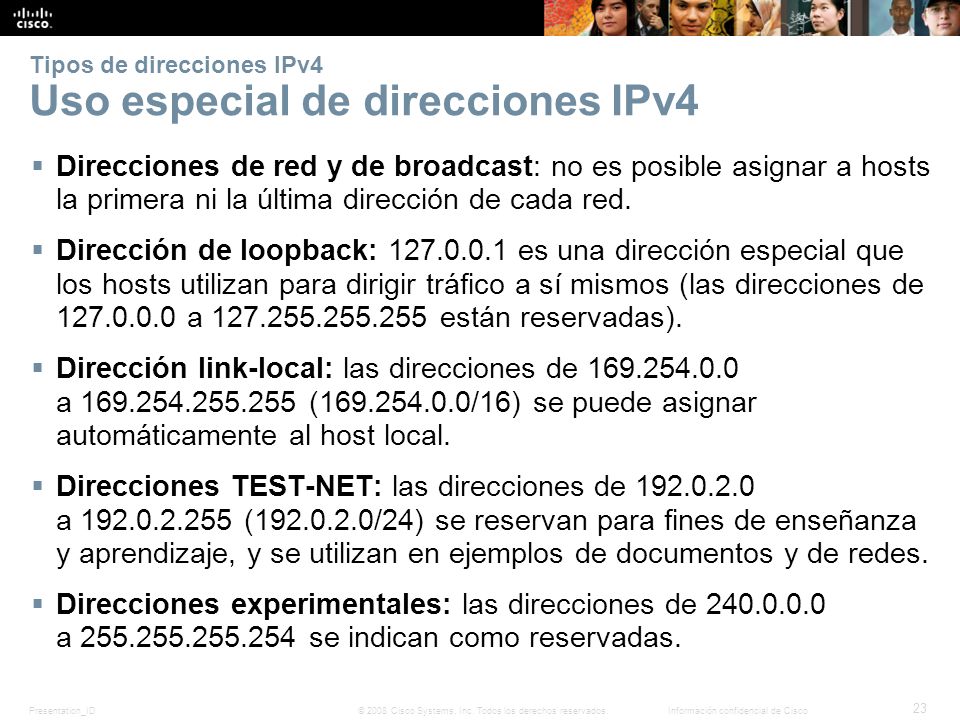 Tipos de direcciones IPv4 Uso especial de direcciones IPv4