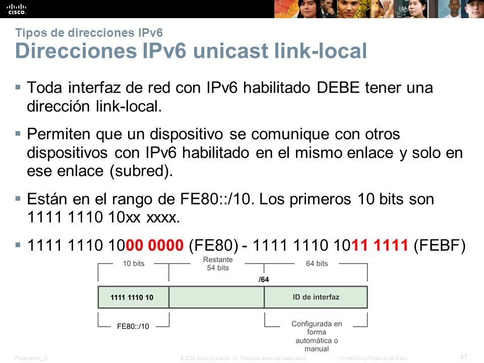 Tipos de direcciones IPv6 Direcciones IPv6 unicast link-local