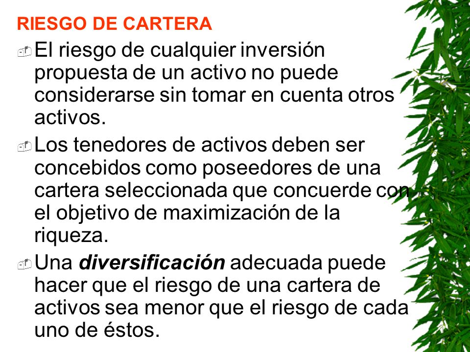 RIESGO DE CARTERA El riesgo de cualquier inversión propuesta de un activo no puede considerarse sin tomar en cuenta otros activos.