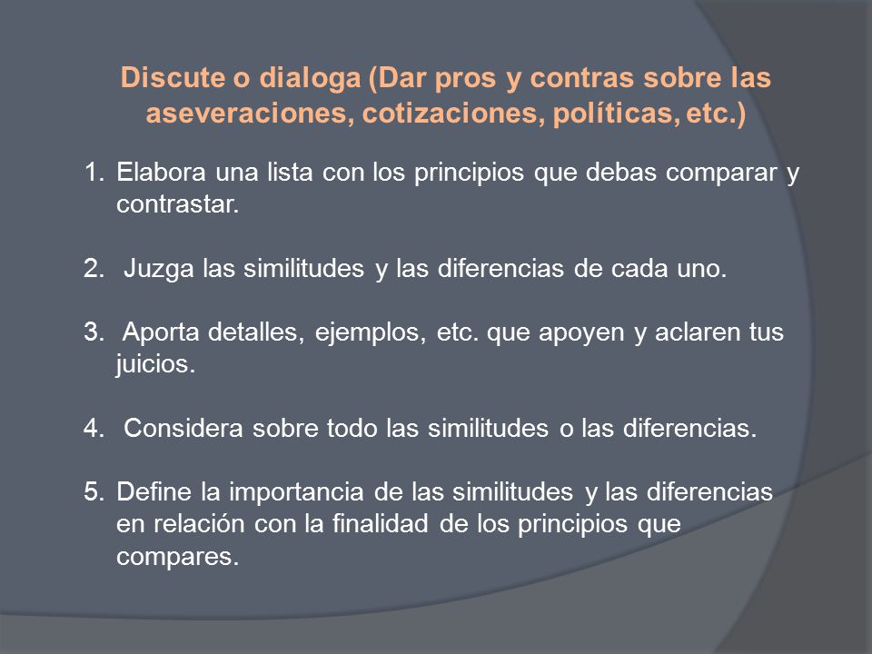 Discute o dialoga (Dar pros y contras sobre las aseveraciones, cotizaciones, políticas, etc.)