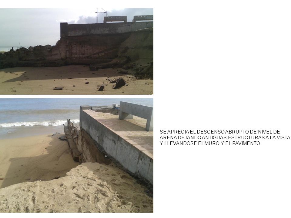 SE APRECIA EL DESCENSO ABRUPTO DE NIVEL DE ARENA DEJANDO ANTIGUAS ESTRUCTURAS A LA VISTA Y LLEVANDOSE EL MURO Y EL PAVIMENTO.