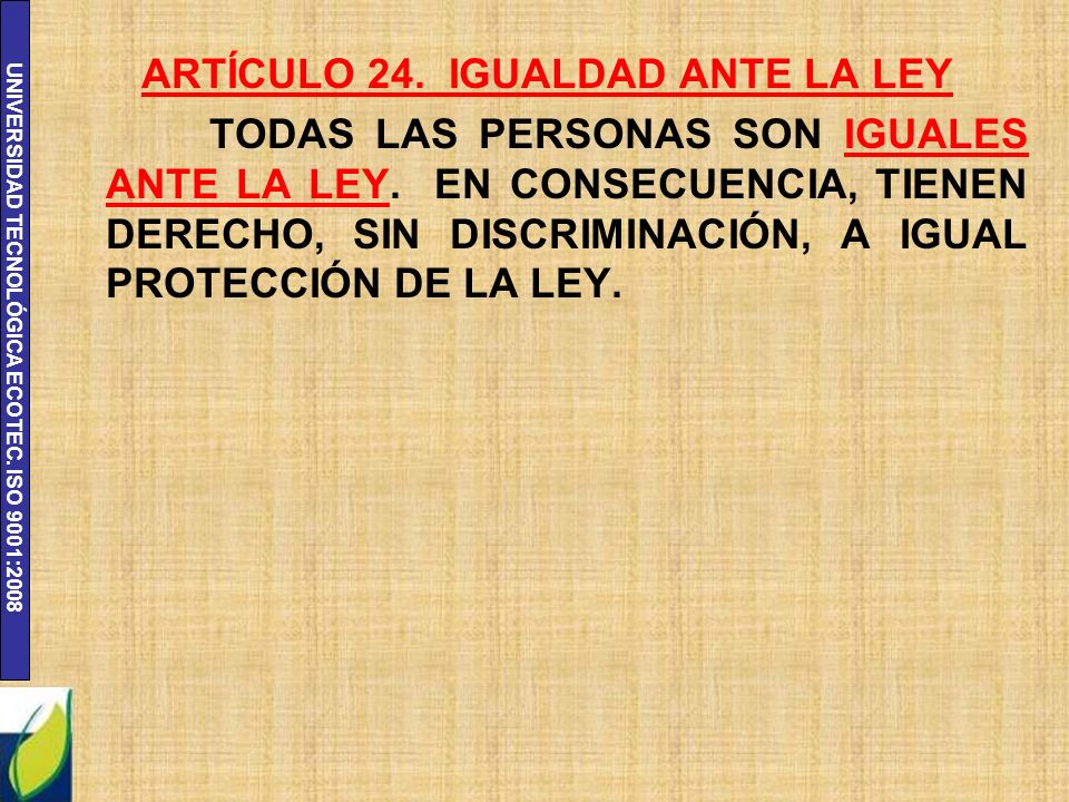 ARTÍCULO 24. IGUALDAD ANTE LA LEY TODAS LAS PERSONAS SON IGUALES ANTE LA LEY.