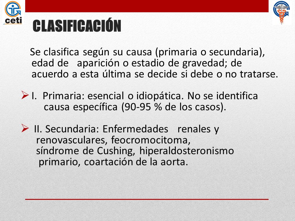 CLASIFICACIÓN I. Primaria: esencial o idiopática. No se identifica