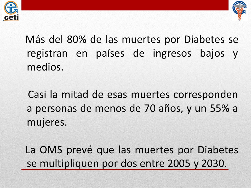 Más del 80% de las muertes por Diabetes se registran en países de ingresos bajos y medios.