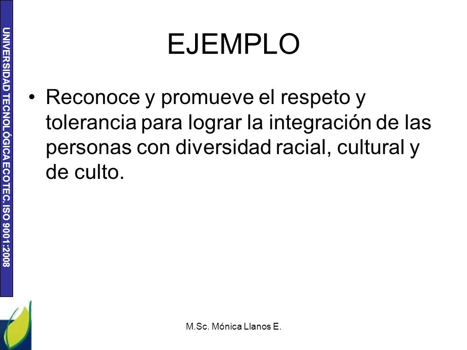 EJEMPLO Reconoce y promueve el respeto y tolerancia para lograr la integración de las personas con diversidad racial, cultural y de culto.