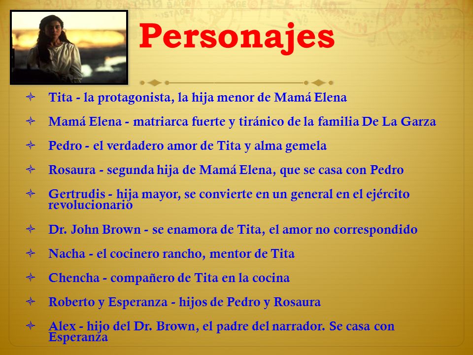 Personajes Tita - la protagonista, la hija menor de Mamá Elena