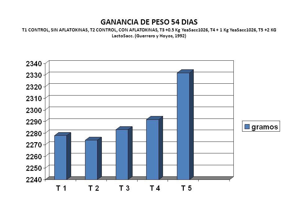 GANANCIA DE PESO 54 DIAS T1 CONTROL, SIN AFLATOXINAS, T2 CONTROL, CON AFLATOXINAS, T Kg YeaSacc1026, T4 + 1 Kg YeaSacc1026, T5 +2 KG LactoSacc.