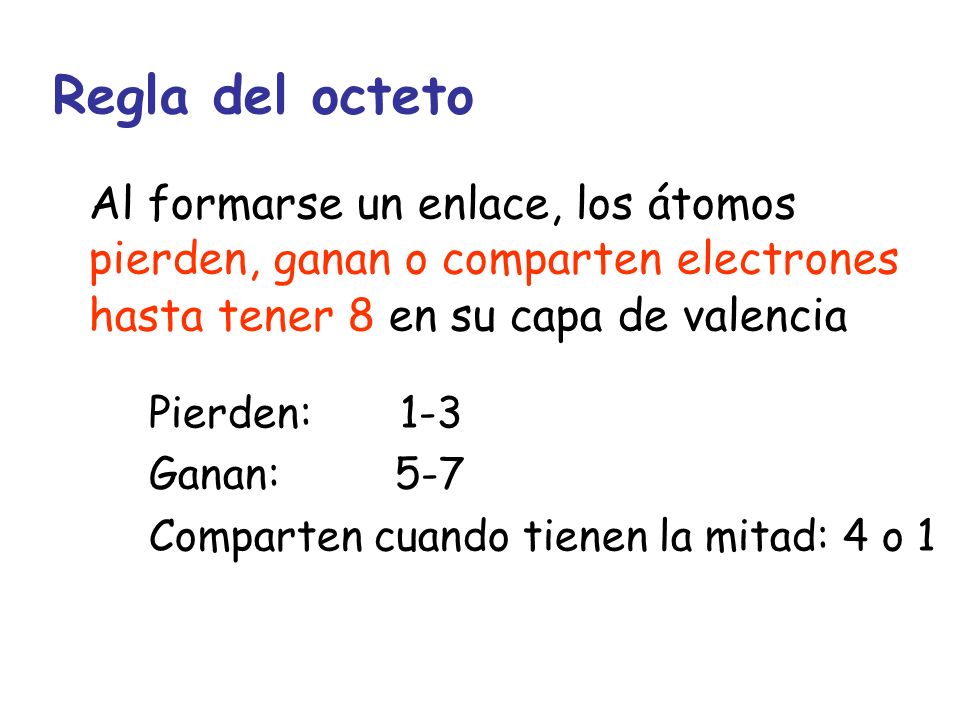 Regla del octeto Al formarse un enlace, los átomos pierden, ganan o comparten electrones hasta tener 8 en su capa de valencia.