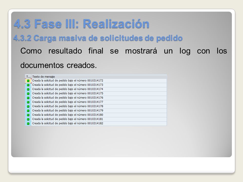 4.3 Fase III: Realización Carga masiva de solicitudes de pedido Como resultado final se mostrará un log con los documentos creados.
