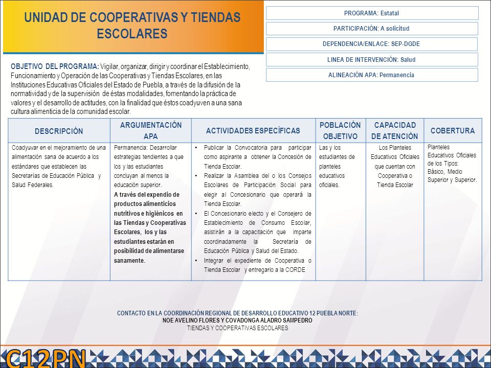 C12PN UNIDAD DE COOPERATIVAS Y TIENDAS ESCOLARES DESCRIPCIÓN