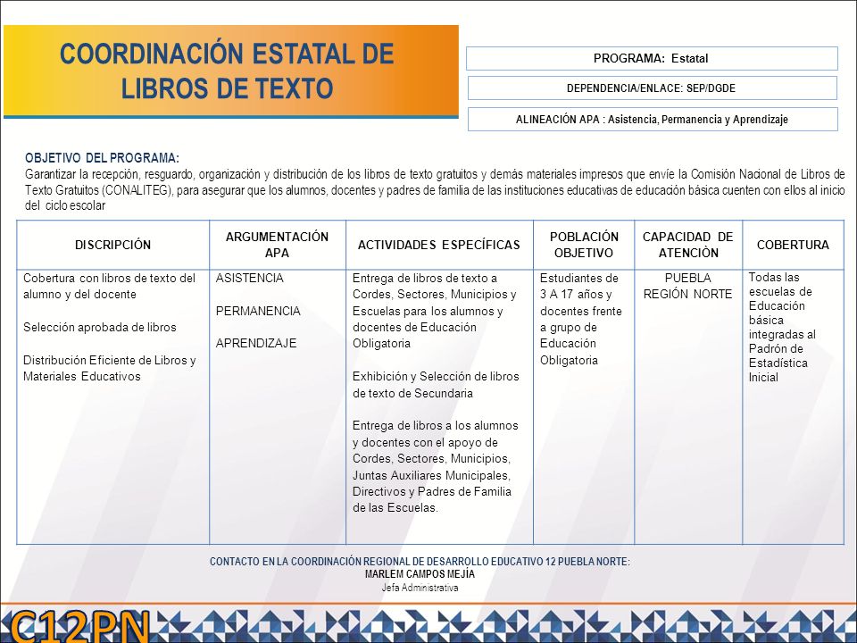 C12PN COORDINACIÓN ESTATAL DE LIBROS DE TEXTO OBJETIVO DEL PROGRAMA: