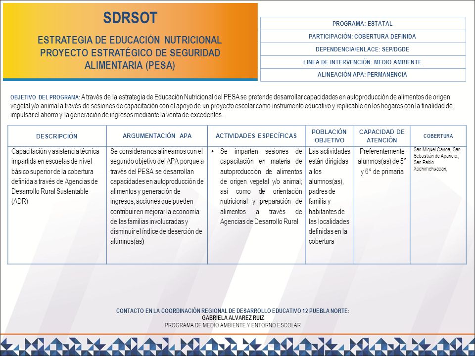 SDRSOT ESTRATEGIA DE EDUCACIÓN NUTRICIONAL PROYECTO ESTRATÉGICO DE SEGURIDAD ALIMENTARIA (PESA) PROGRAMA: ESTATAL.