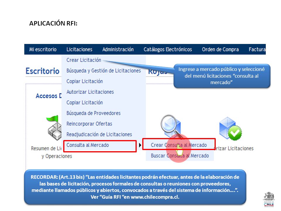 APLICACIÓN RFI: Ingrese a mercado público y seleccioné del menú licitaciones consulta al mercado