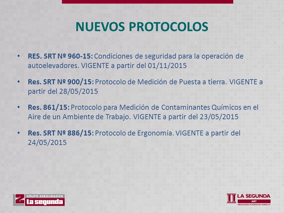 NUEVOS PROTOCOLOS RES. SRT Nº : Condiciones de seguridad para la operación de autoelevadores. VIGENTE a partir del 01/11/2015.