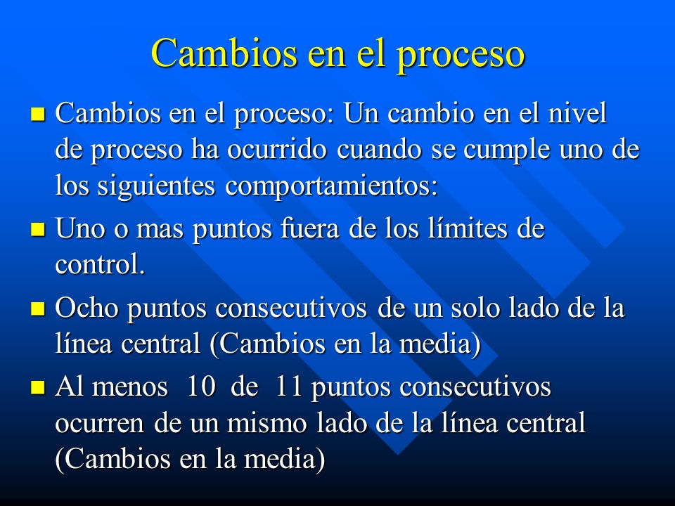 Cambios en el proceso Cambios en el proceso: Un cambio en el nivel de proceso ha ocurrido cuando se cumple uno de los siguientes comportamientos: