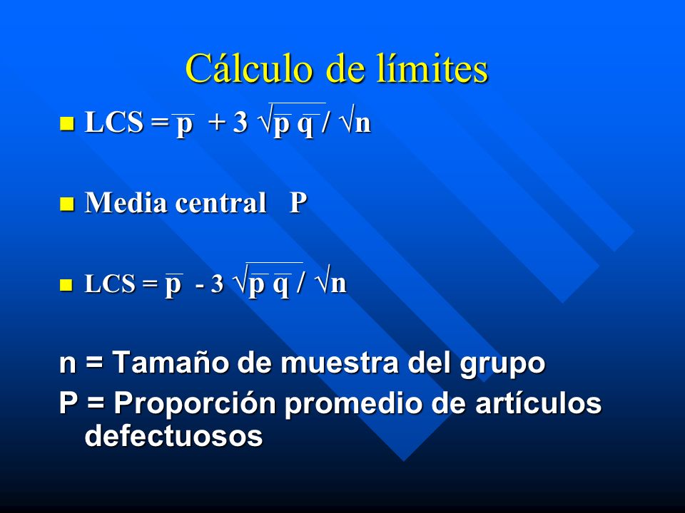Cálculo de límites LCS = p + 3 √p q / √n Media central P