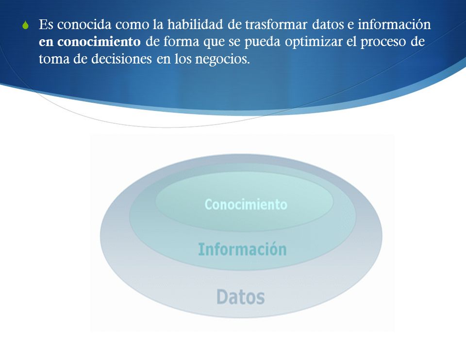 Es conocida como la habilidad de trasformar datos e información en conocimiento de forma que se pueda optimizar el proceso de toma de decisiones en los negocios.