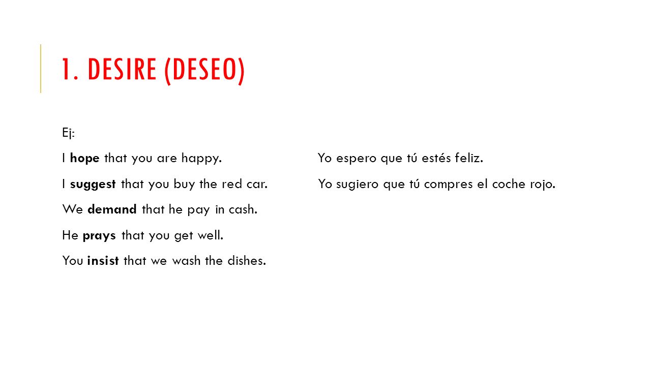 1. Desire (deseo) Ej: I hope that you are happy. Yo espero que tú estés feliz.