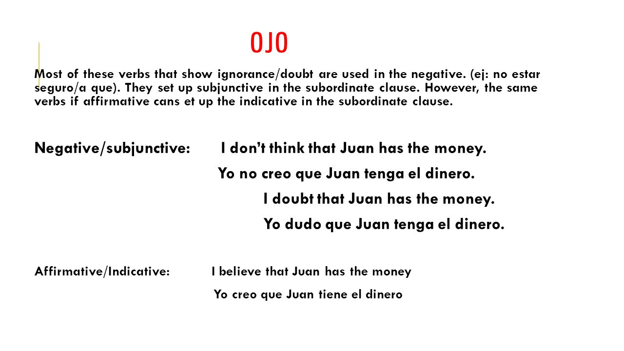 OJO Negative/subjunctive: I don’t think that Juan has the money.