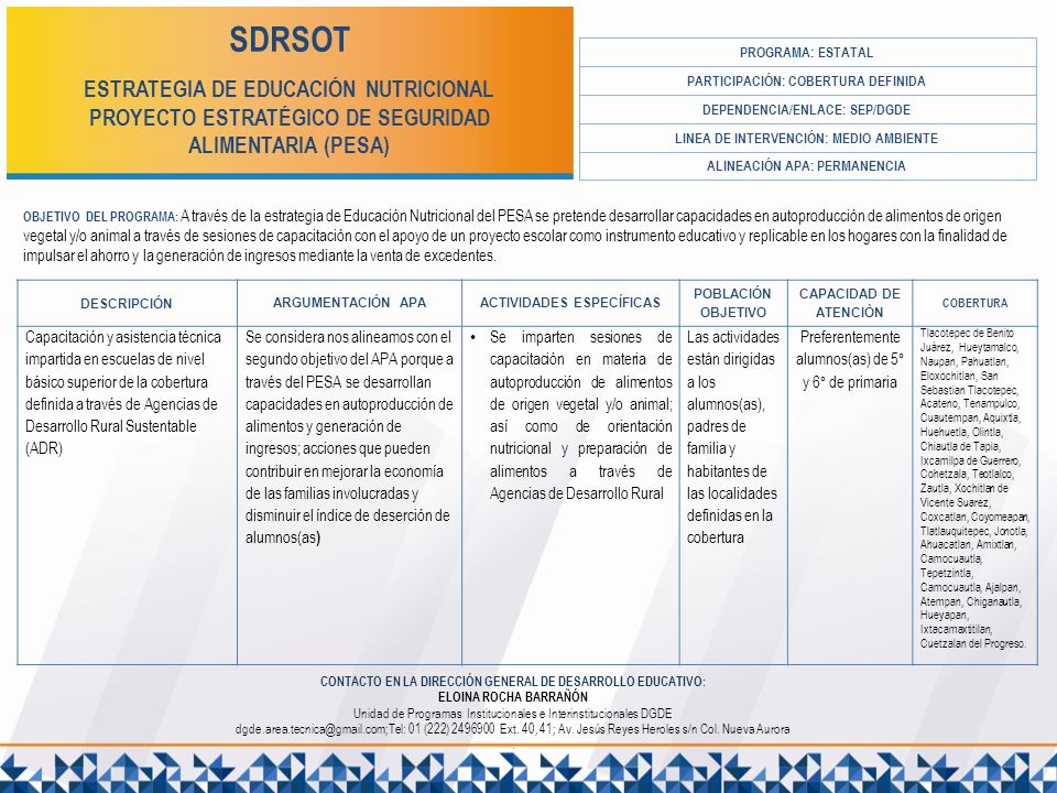 SDRSOT ESTRATEGIA DE EDUCACIÓN NUTRICIONAL PROYECTO ESTRATÉGICO DE SEGURIDAD ALIMENTARIA (PESA) PROGRAMA: ESTATAL.