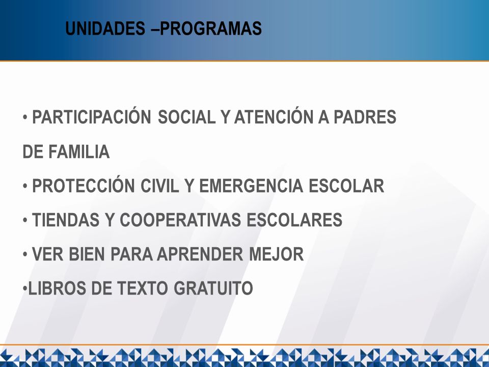 UNIDADES –PROGRAMAS Participación social y atención a Padres de Familia. Protección Civil y Emergencia Escolar.
