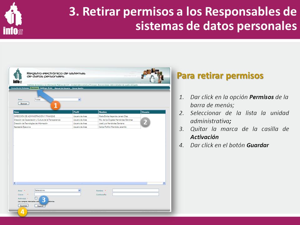3. Retirar permisos a los Responsables de sistemas de datos personales