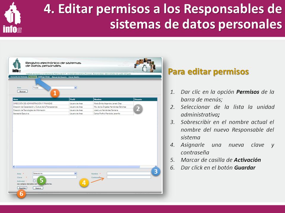 4. Editar permisos a los Responsables de sistemas de datos personales