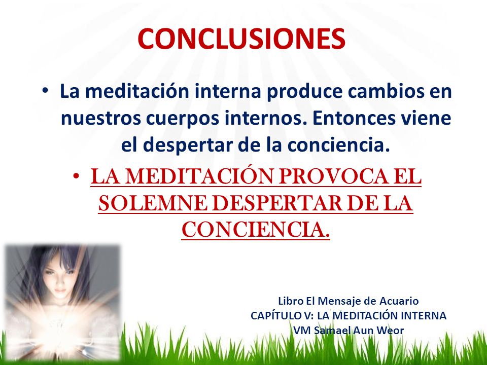 CONCLUSIONES La meditación interna produce cambios en nuestros cuerpos internos. Entonces viene el despertar de la conciencia.