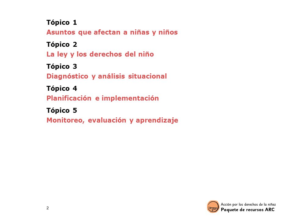 Tópico 1 Asuntos que afectan a niñas y niños. Tópico 2. La ley y los derechos del niño. Tópico 3.