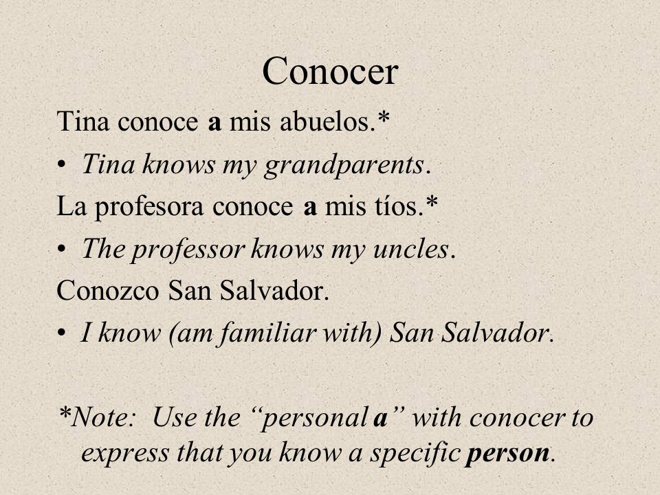 Conocer Tina conoce a mis abuelos.* Tina knows my grandparents.