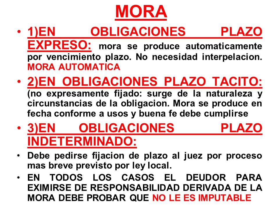 MORA 1)EN OBLIGACIONES PLAZO EXPRESO: mora se produce automaticamente por vencimiento plazo. No necesidad interpelacion. MORA AUTOMATICA.