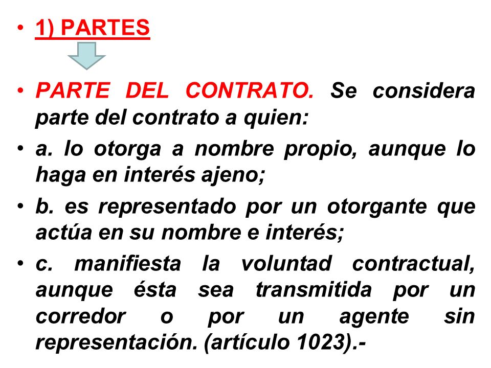 1) PARTES PARTE DEL CONTRATO. Se considera parte del contrato a quien: a. lo otorga a nombre propio, aunque lo haga en interés ajeno;