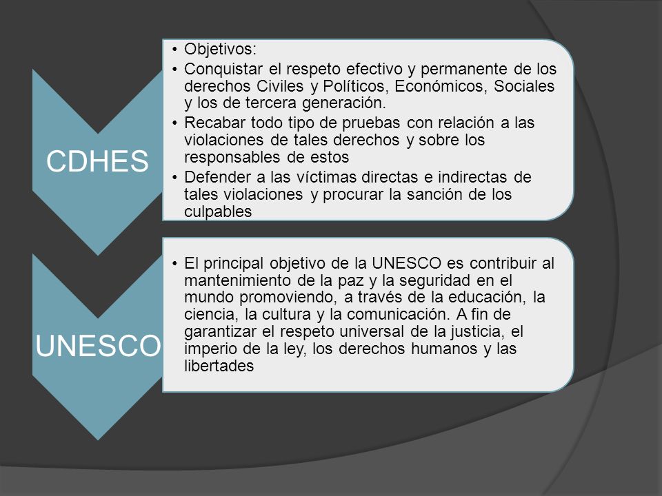 CDHES Objetivos: Conquistar el respeto efectivo y permanente de los derechos Civiles y Políticos, Económicos, Sociales y los de tercera generación.