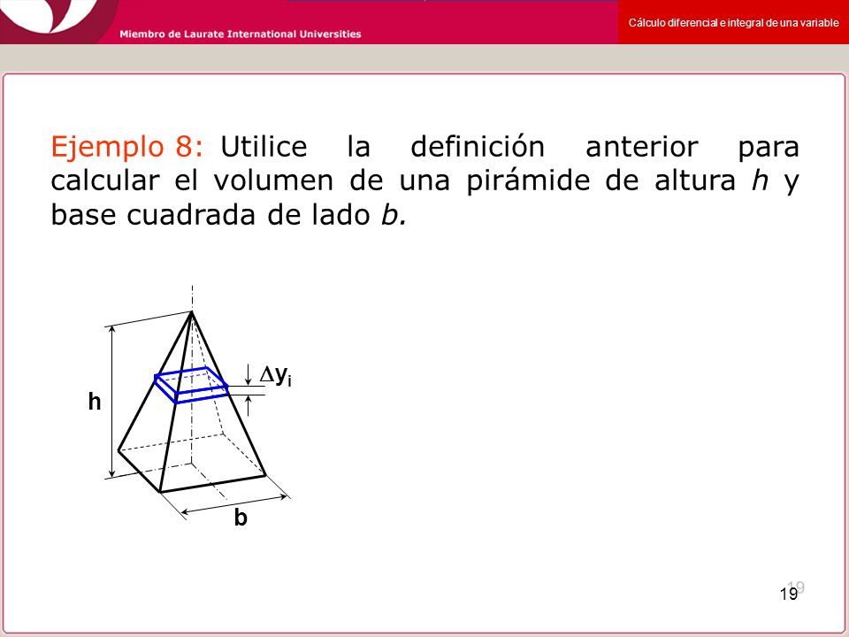 Ejemplo 8: Utilice la definición anterior para calcular el volumen de una pirámide de altura h y base cuadrada de lado b.