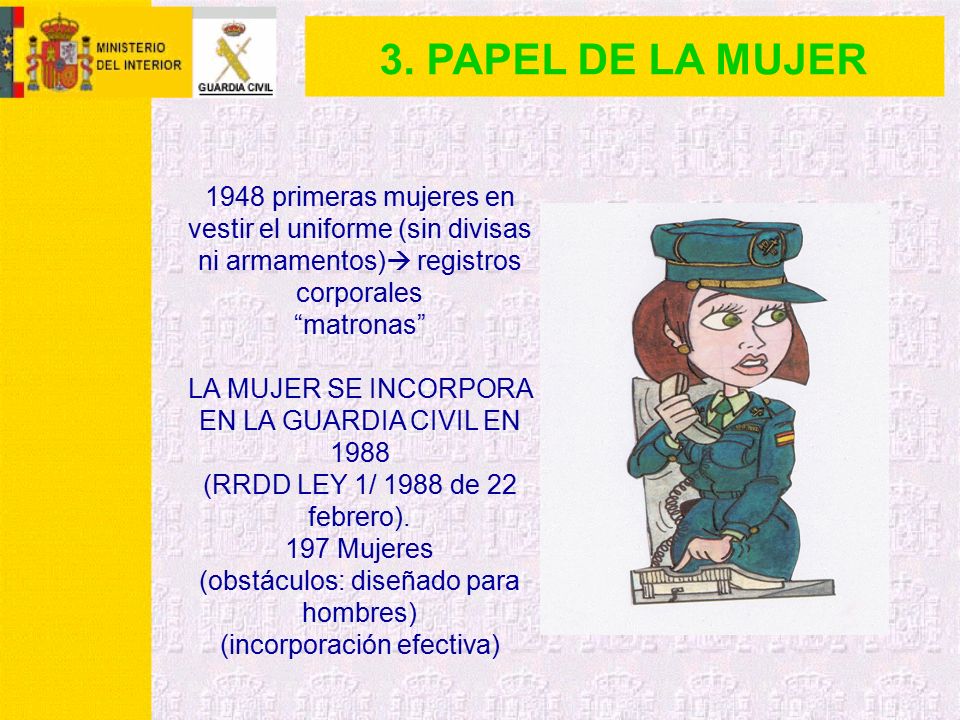 3. PAPEL DE LA MUJER 1948 primeras mujeres en vestir el uniforme (sin divisas ni armamentos) registros corporales.