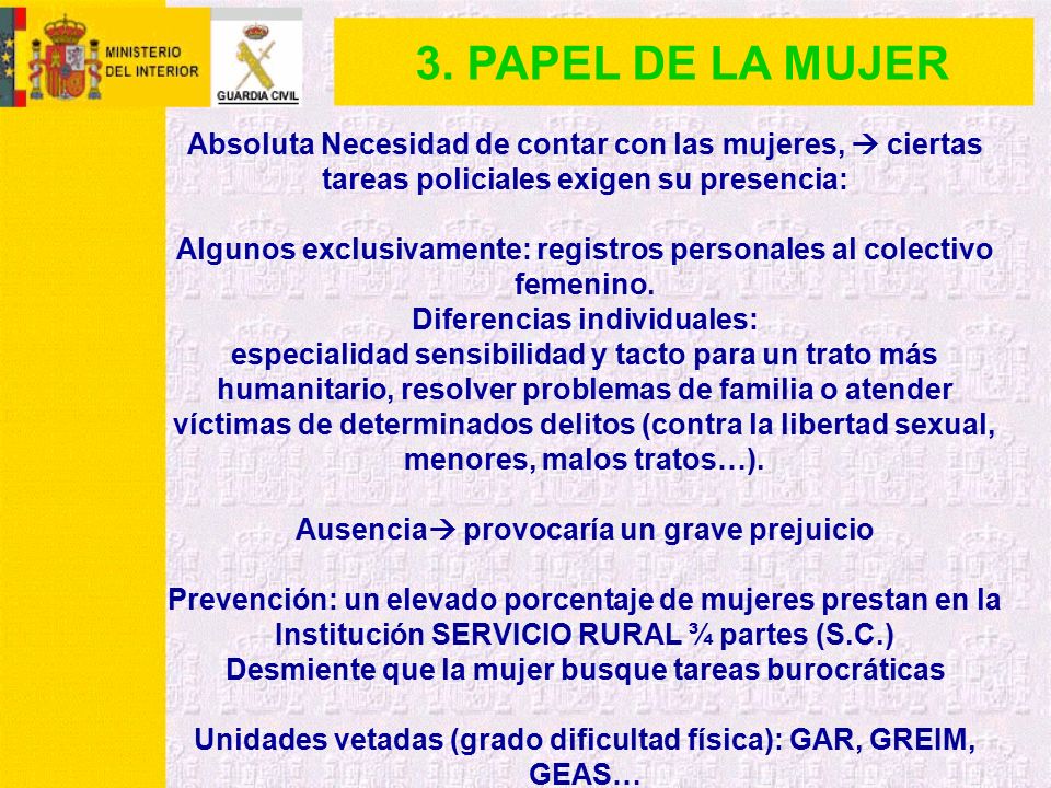 3. PAPEL DE LA MUJER Absoluta Necesidad de contar con las mujeres,  ciertas tareas policiales exigen su presencia: