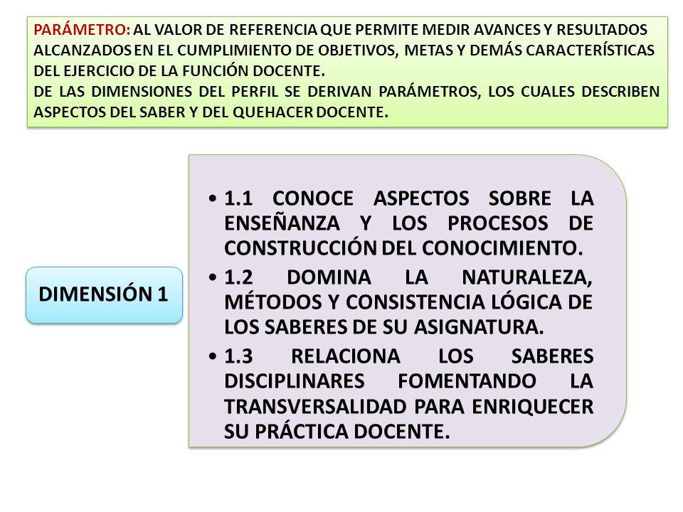 PARÁMETRO: AL VALOR DE REFERENCIA QUE PERMITE MEDIR AVANCES Y RESULTADOS ALCANZADOS EN EL CUMPLIMIENTO DE OBJETIVOS, METAS Y DEMÁS CARACTERÍSTICAS DEL EJERCICIO DE LA FUNCIÓN DOCENTE.