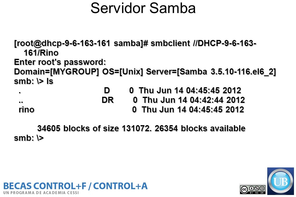 Servidor Samba samba]# smbclient //DHCP /Rino. Enter root s password: