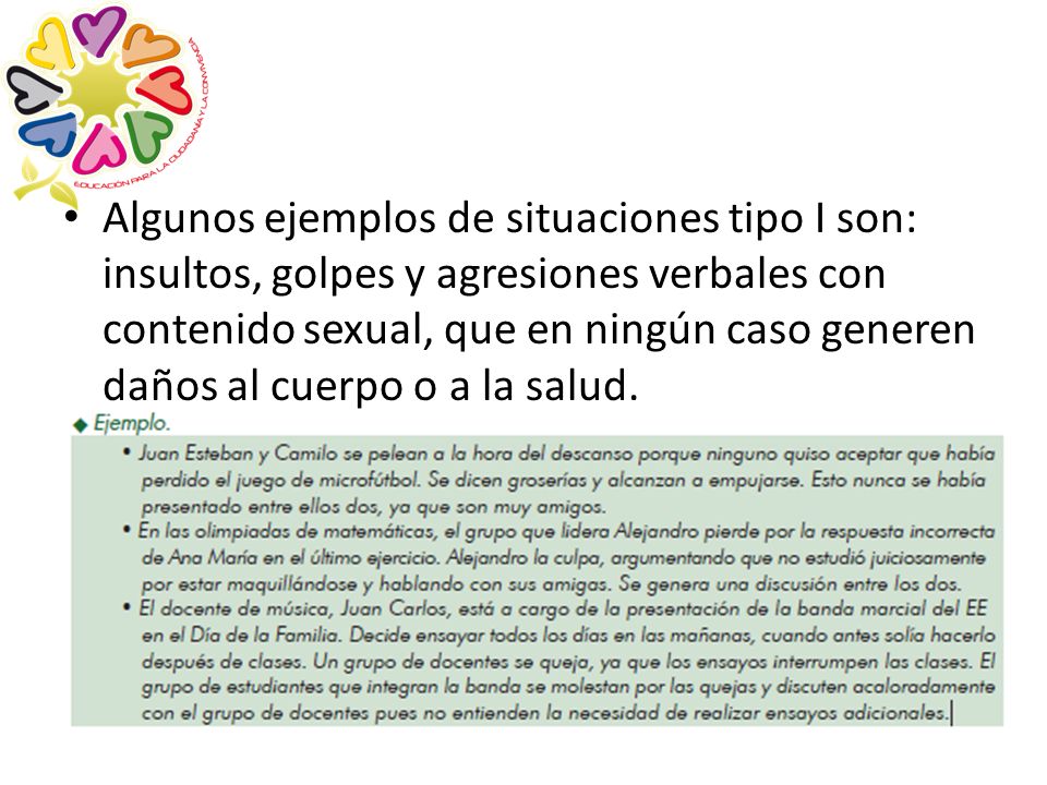 Algunos ejemplos de situaciones tipo I son: insultos, golpes y agresiones verbales con contenido sexual, que en ningún caso generen daños al cuerpo o a la salud.