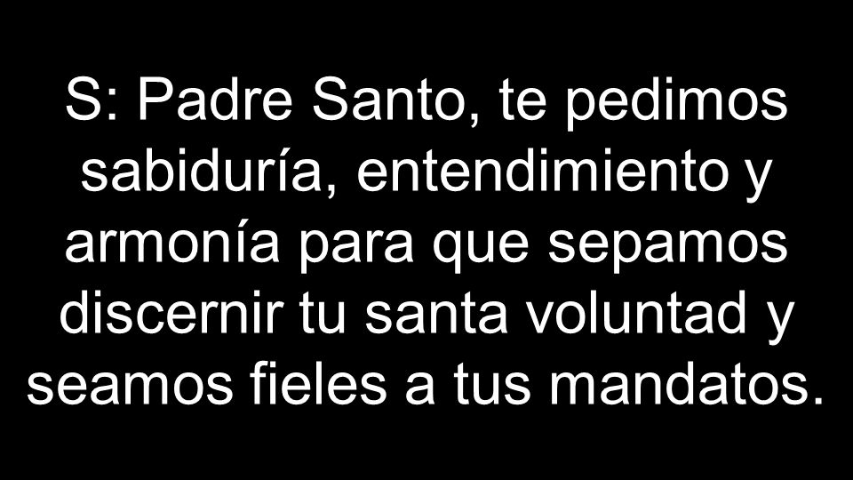 S: Padre Santo, te pedimos sabiduría, entendimiento y armonía para que sepamos discernir tu santa voluntad y seamos fieles a tus mandatos.