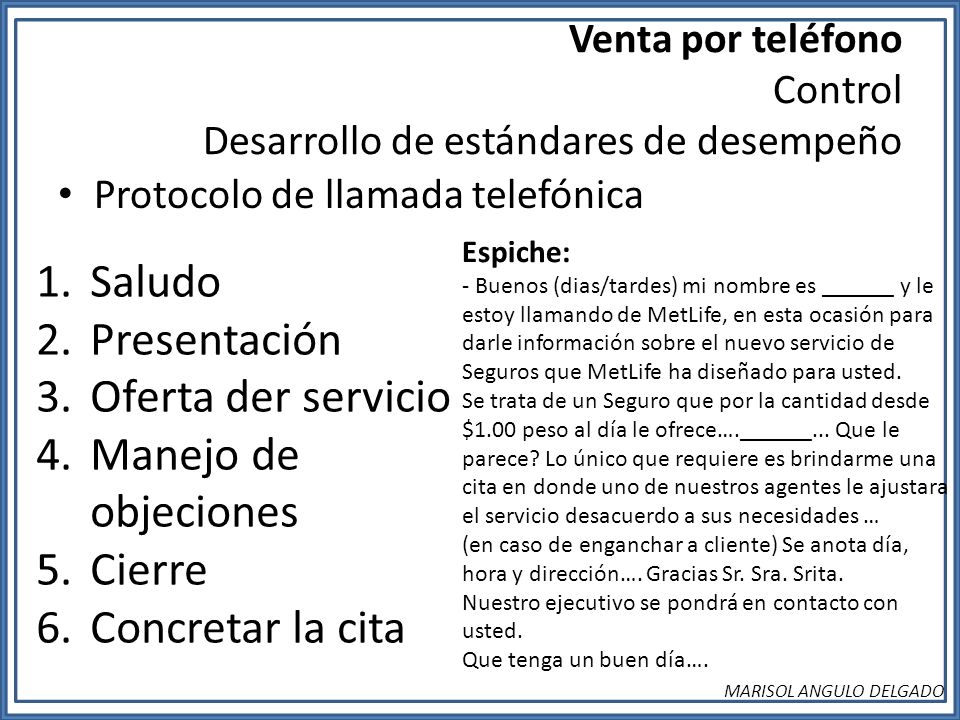 Venta por teléfono Control Desarrollo de estándares de desempeño