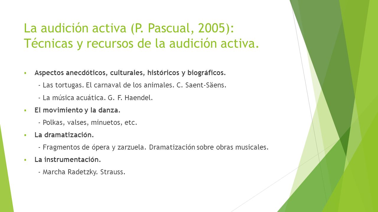 La audición activa (P. Pascual, 2005): Técnicas y recursos de la audición activa.