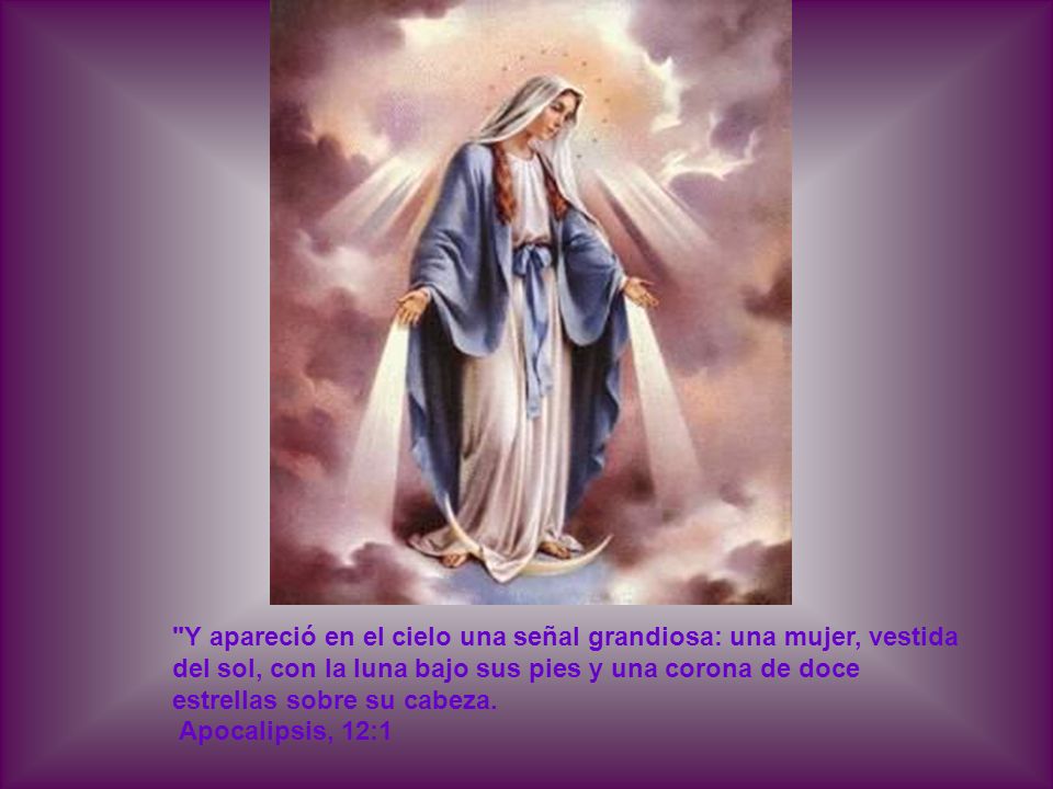 Y apareció en el cielo una señal grandiosa: una mujer, vestida del sol, con la luna bajo sus pies y una corona de doce estrellas sobre su cabeza.