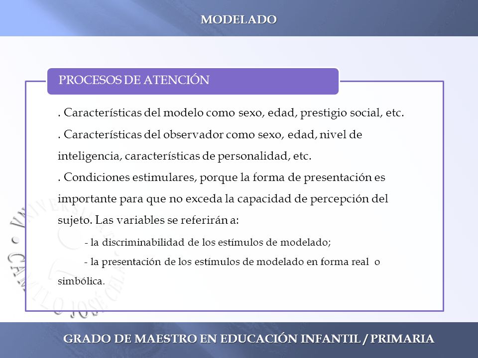 . Características del modelo como sexo, edad, prestigio social, etc.