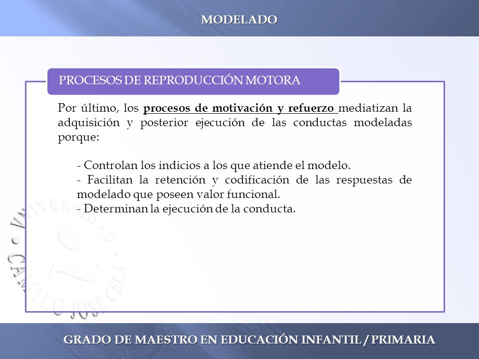 MODELADO Por último, los procesos de motivación y refuerzo mediatizan la adquisición y posterior ejecución de las conductas modeladas porque: